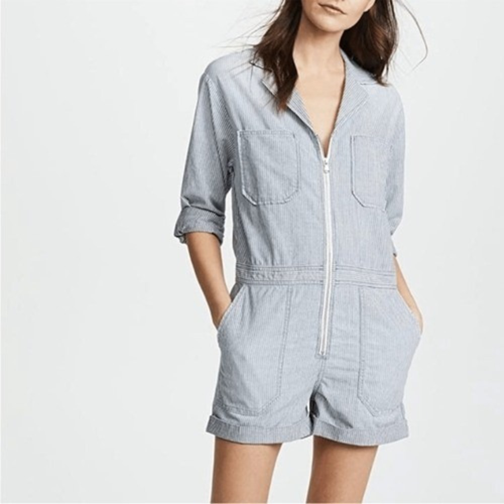 Adriano Goldschmied Rochelle Romper Chambray Stripe Blue Zipper front Small NWOT